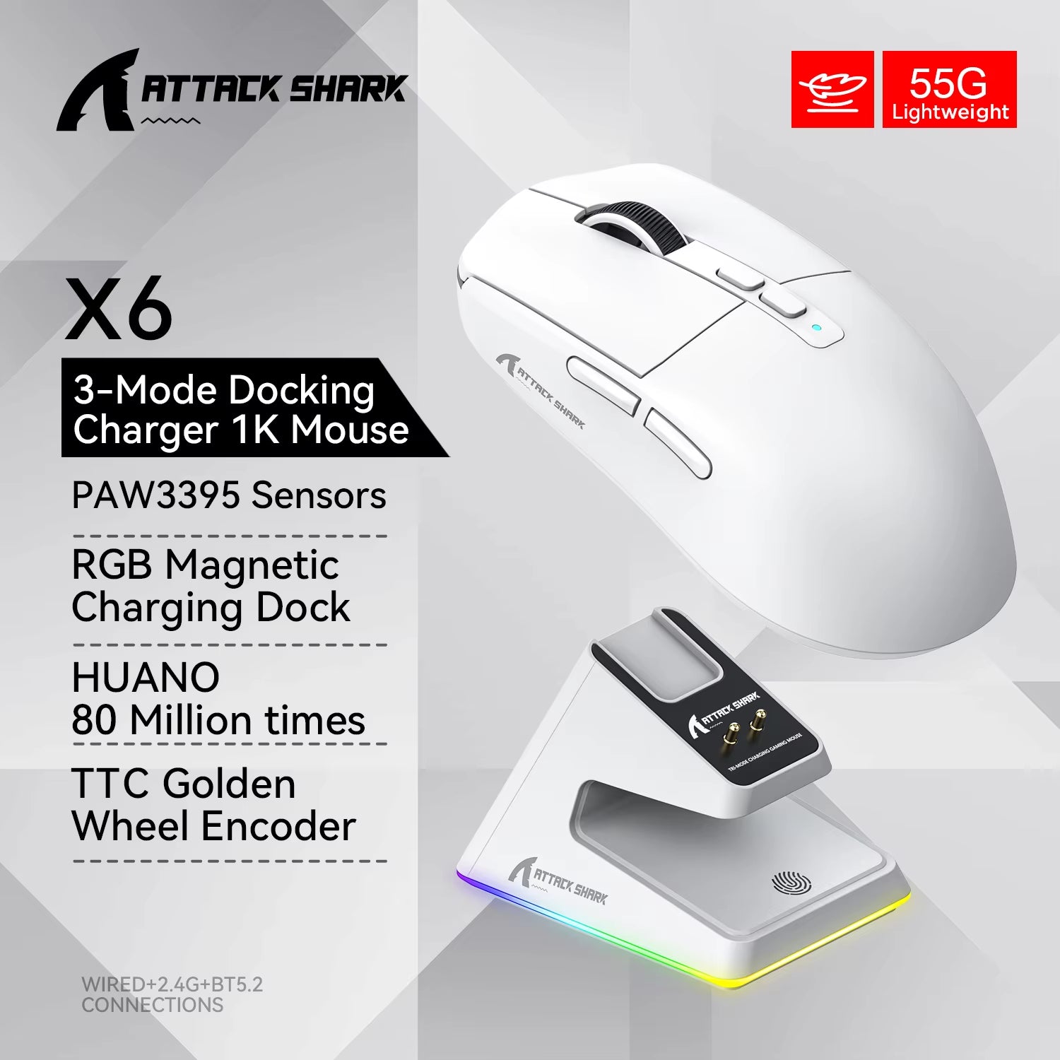 Attack Shark X6 Bluetooth Mouse , Pixart PAW3395, Tri-Mode Connection, RGB Touch Magnetic Charging Base, Macro Gaming Mouse