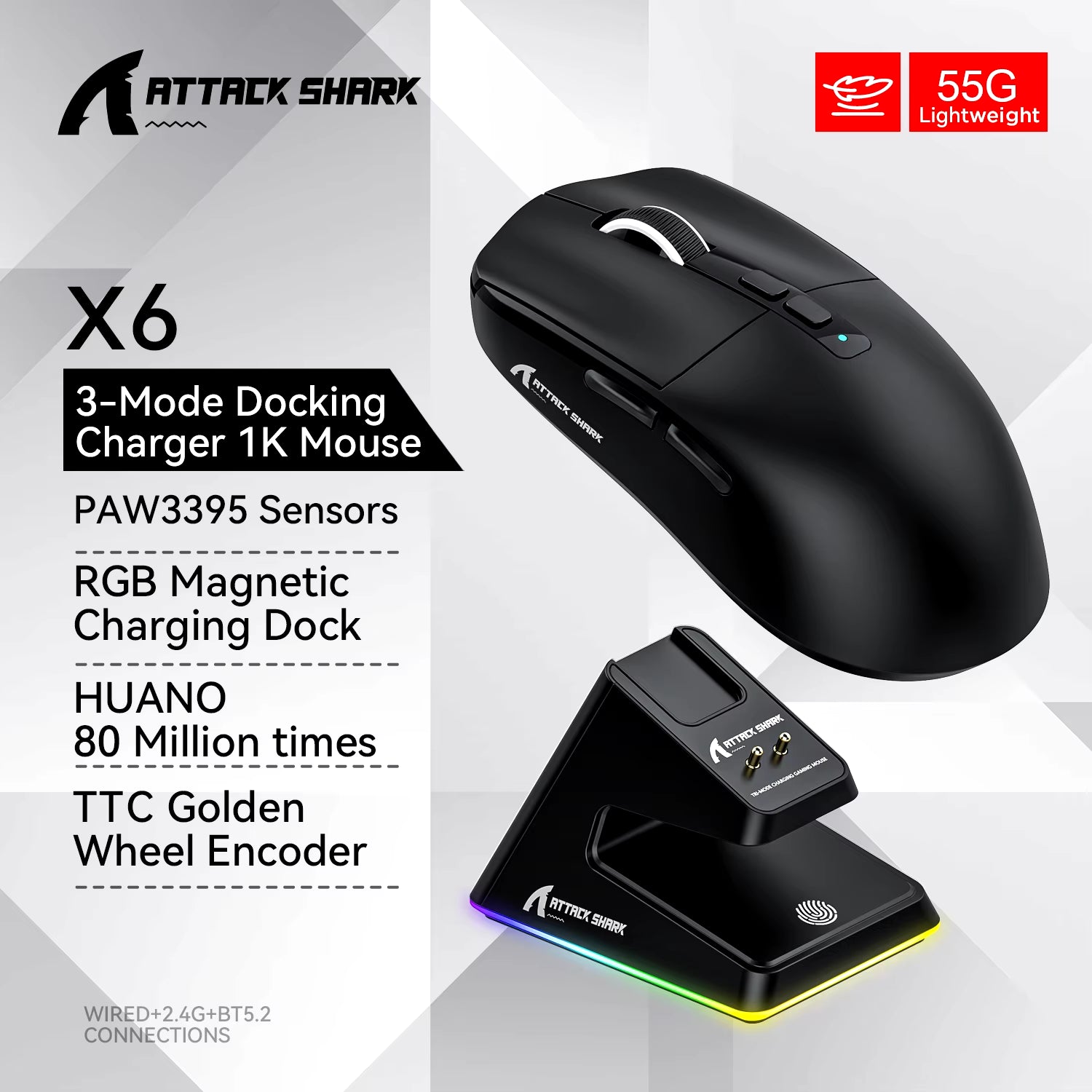 Attack Shark X6 Bluetooth Mouse , Pixart PAW3395, Tri-Mode Connection, RGB Touch Magnetic Charging Base, Macro Gaming Mouse