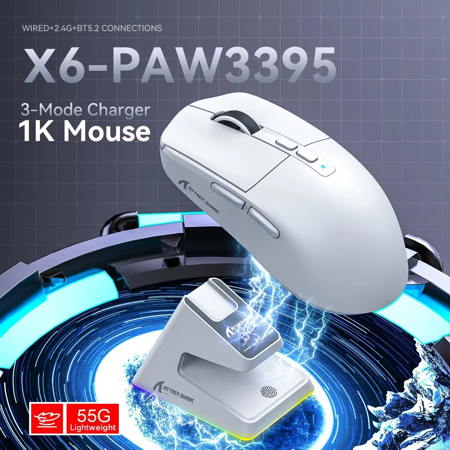 Attack Shark X6 Bluetooth Mouse , Pixart PAW3395, Tri-Mode Connection, RGB Touch Magnetic Charging Base, Macro Gaming Mouse