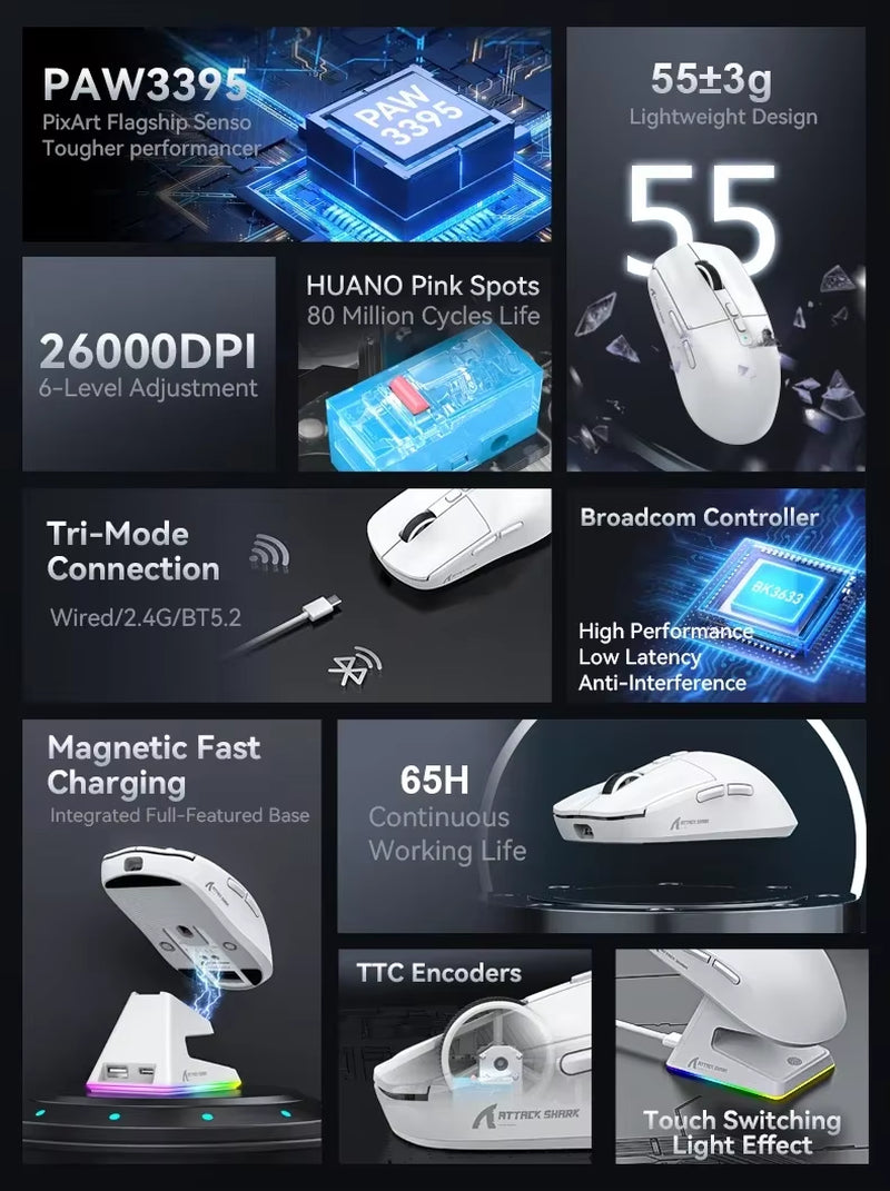 Attack Shark X6 Bluetooth Mouse , Pixart PAW3395, Tri-Mode Connection, RGB Touch Magnetic Charging Base, Macro Gaming Mouse