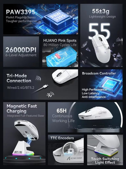 Attack Shark X6 Bluetooth Mouse , Pixart PAW3395, Tri-Mode Connection, RGB Touch Magnetic Charging Base, Macro Gaming Mouse